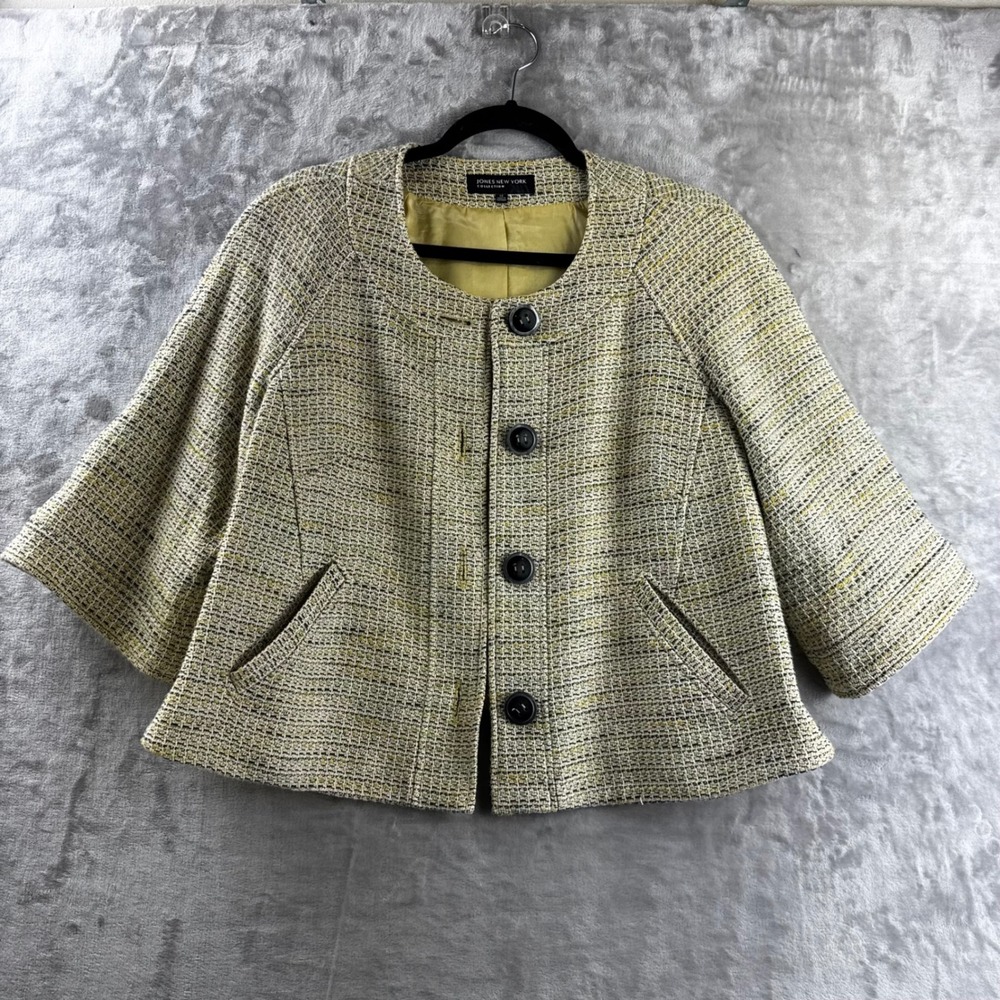Jones New York Jacket Women 12 Yellow Tweed Cropped Wide Sleeve (1925)